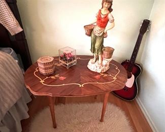 Universal Statuary Peasant Girl and Vintage Inlaid Wood Table