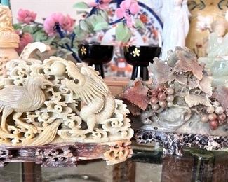 Vtg. Carved Chinese Soapstone Phoenix & Dragon and carved Soapstone grapes & leaves