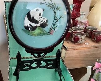 Double sided Chinese silk embroidery art Suzhou Panda w/wood stand and original box