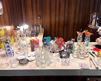 MCM Blue Checker Cocktail Shaker Set with 2 Glasses - Lots of Vtg. Bar Stirs, Ashtrays and more