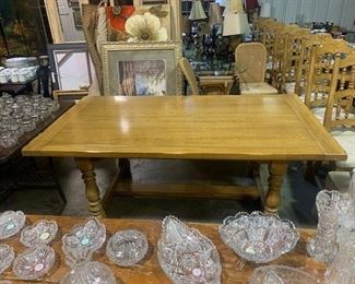 Vintage 1970's heavy duty dining table with extra leaves and 8 chairs