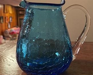 Vintage Blue Crackle Glass Pitcher 