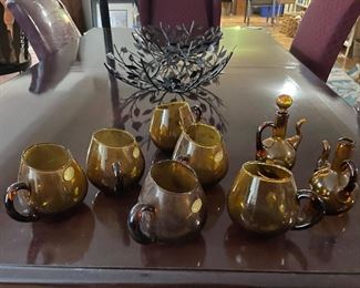blenko amber glass asymmetrical mugs & cruets