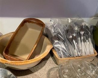 Pampered chef oven dishes, several vintage flatware sets and small vintage Pyrex lids 