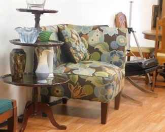 Three tiered Irish table mahogany and eclectic upholstered jazzy corner chair