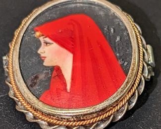 Russian hand painted brooch set and 0.800 silver