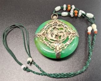 Antique Jade & Sterling Necklace with Dragons and Butterflies