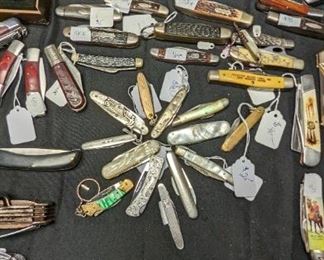 Pen Knives mother of pearl , silver, bakelite, bone and woold handles