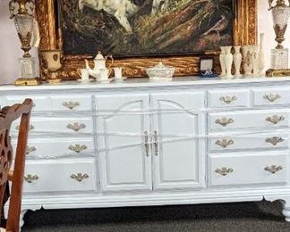 Beautiful chalk painted dresser perfect for sideboard with crystal lamps and wonderful oil painting of setters