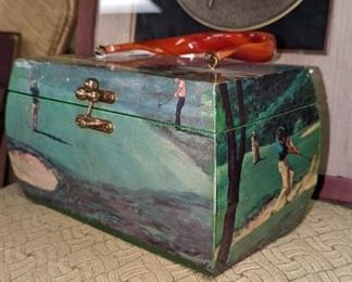 Vintage handpainted wood purse, golf scenes