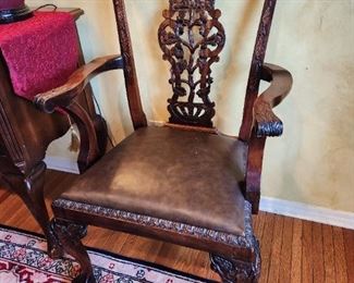 Chippendale Style Carved Wood & Leather Chair 
