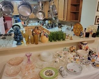 Depression Glass / Rose China / Fruit Patterns / Hanging Pot Rack / Vintage Glassware