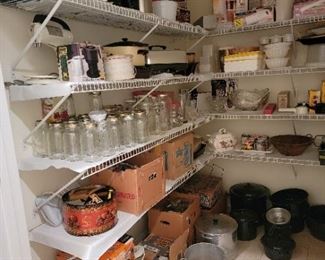 Lots of pantry cookware, Tupperware, blue Speckled enamelware