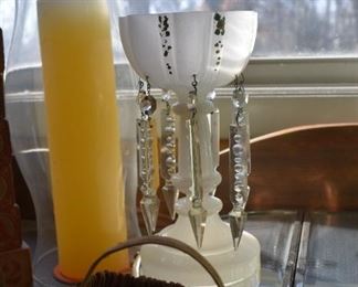 Gorgeous Pair of Bohemian Mantle Luster Lamps with Milk Glass Bowl  Enamel Designs on Sides and Fabulous Green Stem Bases