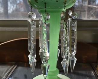 Lovely and Beautiful Bohemian Green Luster Mantle Lamp with Gold Enamel Paintings, Green Stem Base and Crystal Prisms.