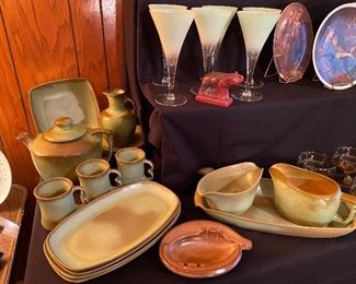 Assortment of Frankoma includes a teapot, pitcher, cream & sugar, ash tray, mugs, plates, etc. Red wing elephant