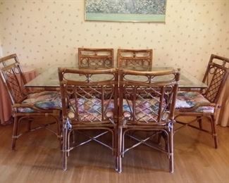 Bamboo dining table with glass top & 6 chairs (40"x60")