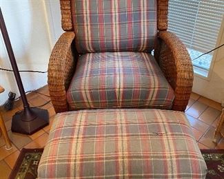 Wicker upholstered arm chair with ottoman
