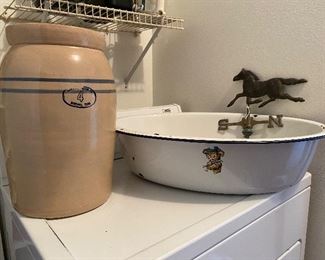 Vintage crock, baby bathtub, antique weather vane