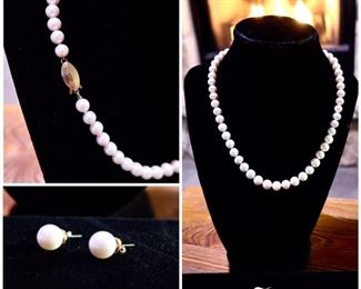 Genuine Pearl Necklace 18” with 14k Clasp  & Genuine Pearl Earrings
