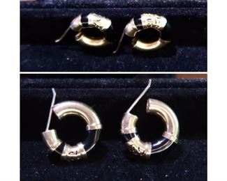 18k Gold & Black Enamel Hoop Earrings 
