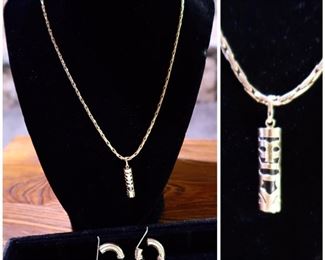 18k Gold 18" Chain Necklace with Asian Style Pendant  - 18k Gold & Black Enamel Hoop Earrings