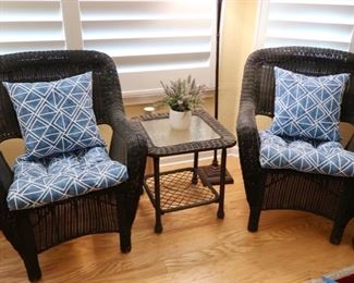 Beautiful Pair of Wicker Chairs (includes cushions) & Glass Top Table