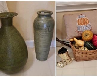 Gorgeous large vases and fall items as well as a brass boot planter