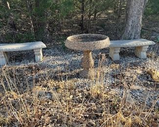 concrete benches and bird bath