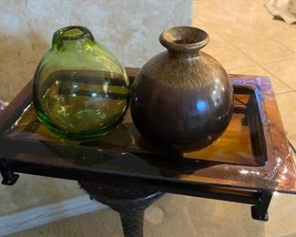 glass top side table and decorative jars