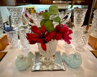 Fostoria glass - pitchers, vases, plates, sunday glasses, relish trays, platters, and compote