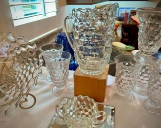 Fostoria glass - pitchers, vases, plates, sunday glasses, relish trays, platters, and compote