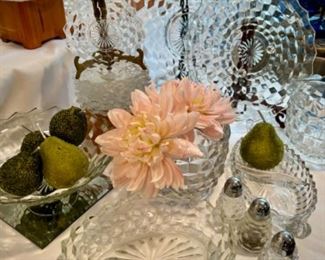 Fostoria glass - pitchers, vases, plates, sunday glasses, relish trays, platters, and compote