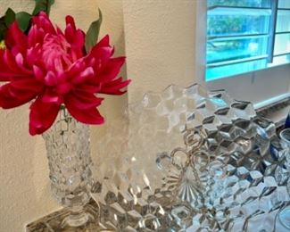Fostoria glass - pitchers, vases, plates, sunday glasses, relish trays, platters, and compote