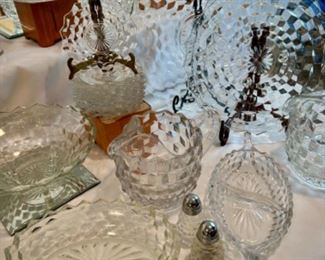 Fostoria glass - pitchers, vases, plates, sunday glasses, relish trays, platters, and compote
