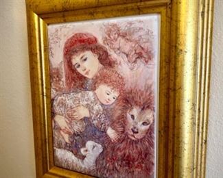 Vintage Edna Hibel "Children of the World" framed art ceramic tile
