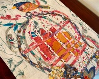 Runner with piecework embroidery - bird, birdcage, flowers