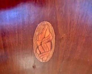 Vintage inlaid wood buffet w/3 drawers and four doors. Inlays include conch shell.