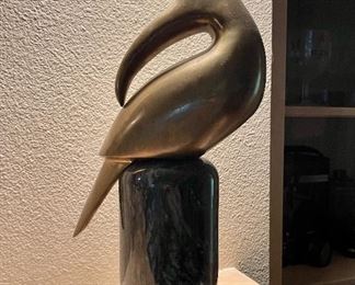Unique Solid Brass Bird Sitting on Marble Base 