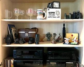 Vintage Michelob & Budweiser Beer Goblets Glasses, Sunpak Video Light, Binoculars, Vintage Konica Camera and Lenses, Sony Receiver, Sony CD Player, Sony Cassette and Pioneer Receiver