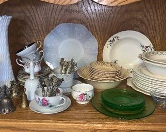 Tea cups, fine china replacement pieces, milk glass swung vase. Emerald uranium glass plates. 