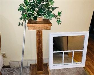 Pedestal Oak Plant Stand & Mirror Window Decor 