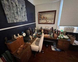 Leopold secretary desk
B.L. Marble executive chair
Signed and inscribed books
Kressley and local artist Dingman paintings
Brass chachkees
Teak desk organizers