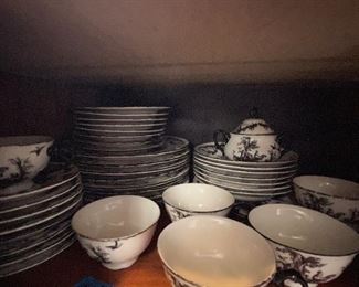 Aux Au Provence black and white set 5 piece service for 7 plus extras and serving dishes