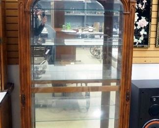 Illuminated Display Cabinet With Sliding Beveled Glass Front, Carved Wood Accents, 4 Adjustable Glass Shelves, Powers On, 82" H x 42" W x 16" D