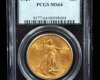 1924 St Gaudens Double Eagle $20 Gold Coin, Certified By PCGS, Graded MS64