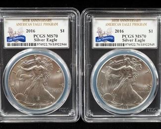 2016 American Eagle $1 Silver Coin, 1 oz Fine Silver, Certified By PCGS, Graded MS70, Qty 2