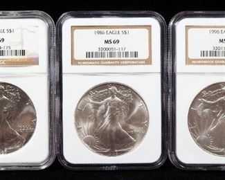 1986, 1987 And 1996 American Eagle $1 Silver Coins, All 1 oz Fine Silver, All Certified By NGC, All Graded MS69