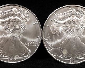 2008 And 2010 American Eagle $1 Silver Coins, Each 1 oz Fine Silver