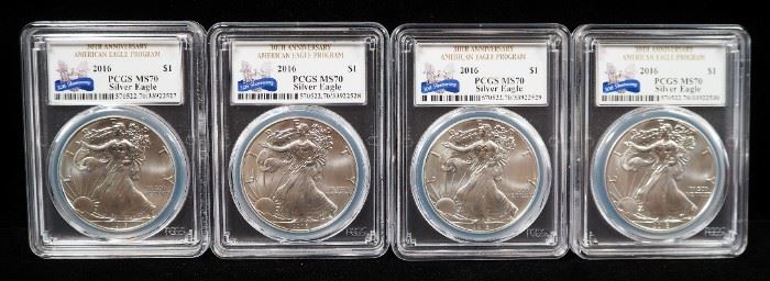 2016 American Eagle $1 Silver Coin, 1 oz Fine Silver, Certified By PCGS, Graded MS70, Qty 4
